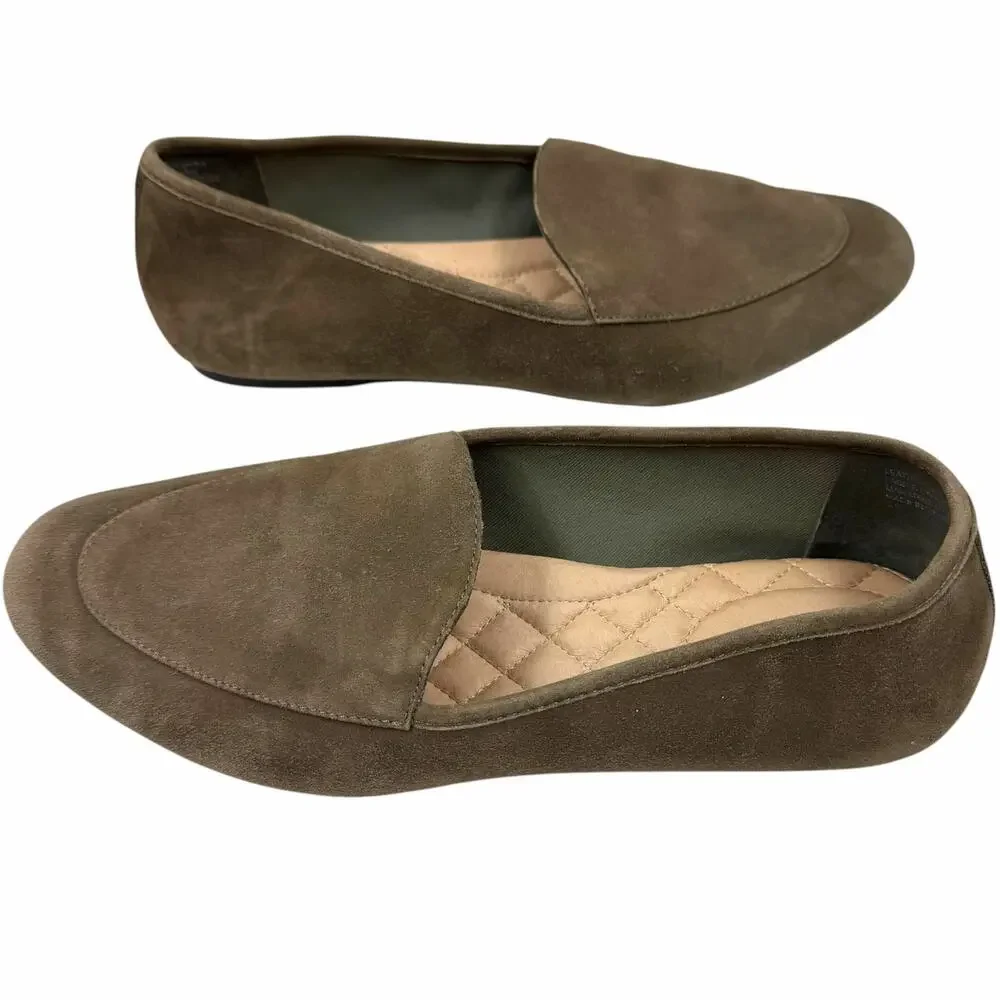 Birdies Vesper Suede Loafers Flats Sz 8.5 Gray Green Quilted Cushioned Comfort